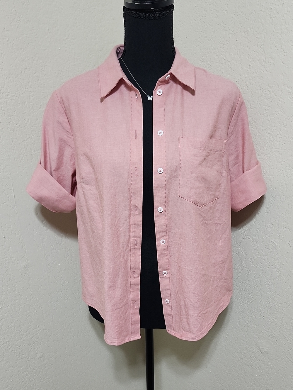 Maeve by Anthropologie Cuffed Short-Sleeve Button-Down Shirt Pink XS Coastal
